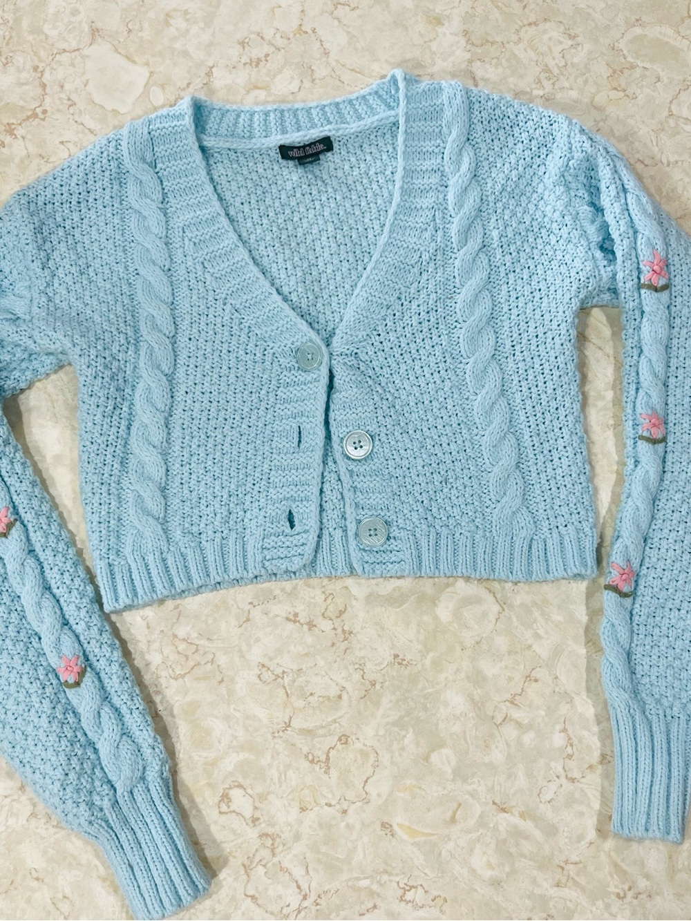 wild fable Baby Blue Cropped Cable-Knit Cardigan with Pink Floral Accents